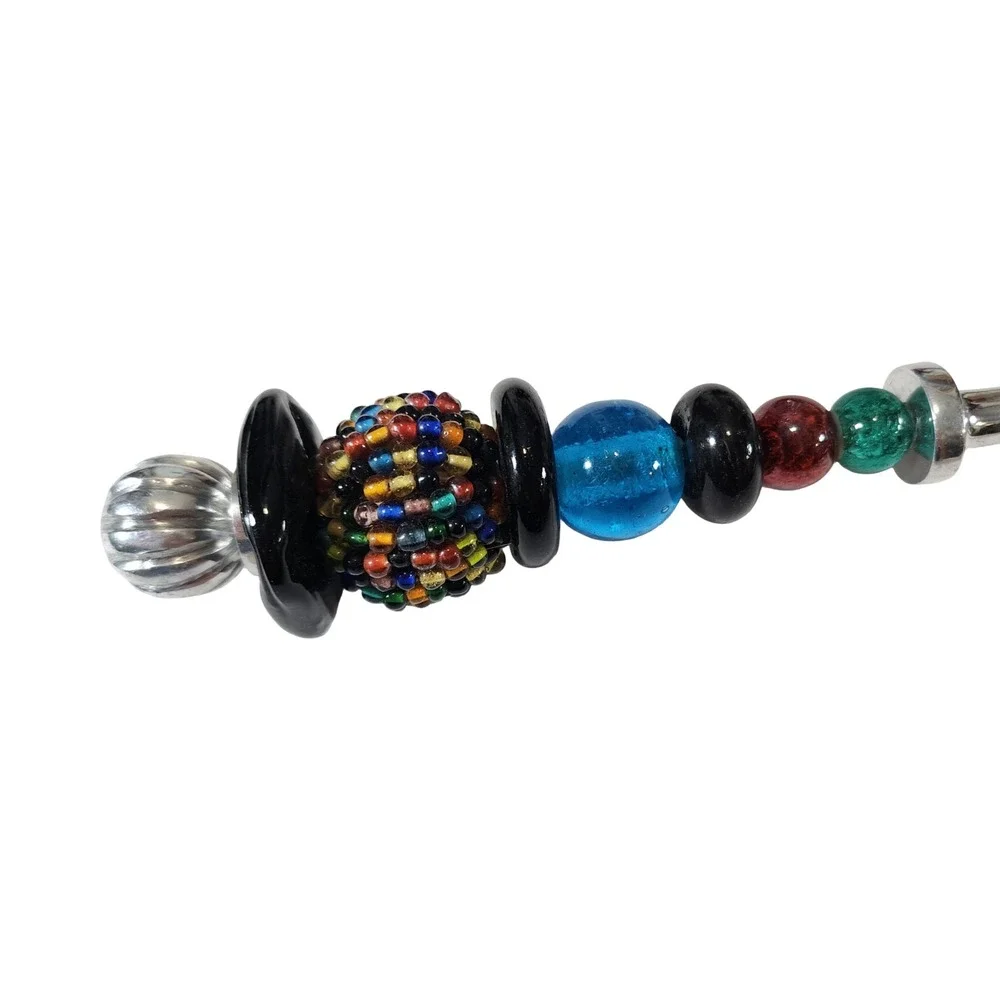 Artisan Handcrafted Beaded Serving Spoon Multicolor Glass Seed Beads Silver Tone
